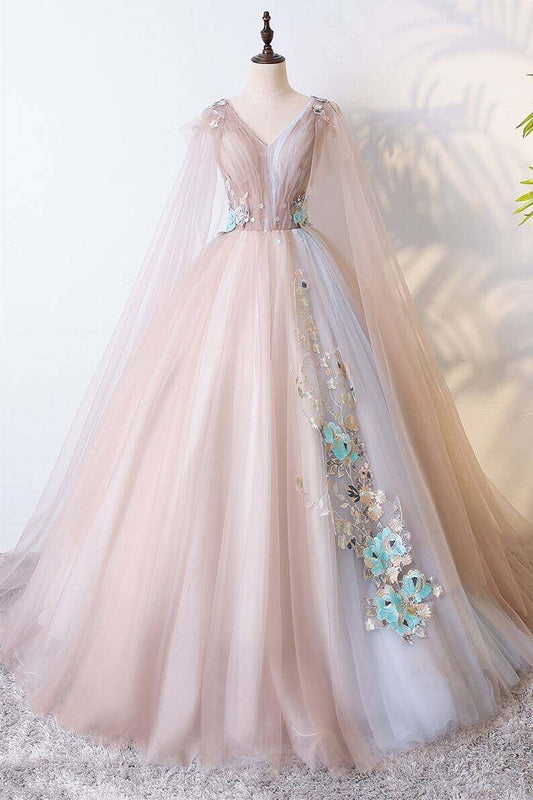 Champagne A-line Tulle Long Ball Gown with Shawl,DS4377