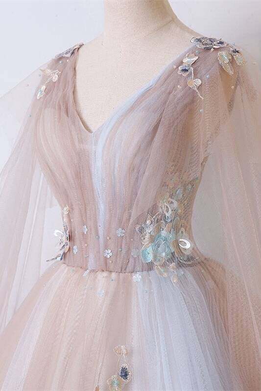 Champagne A-line Tulle Long Ball Gown with Shawl,DS4377