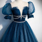 Blue A-line Tulle Long Formal Dress with Short Puffy Sleeves,DS3470