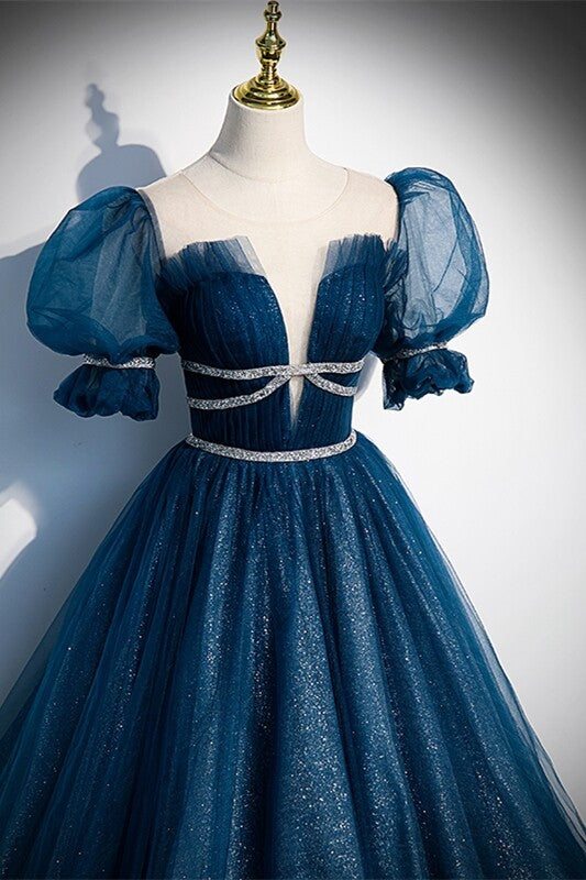 Blue A-line Tulle Long Formal Dress with Short Puffy Sleeves,DS3470