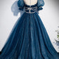 Blue A-line Tulle Long Formal Dress with Short Puffy Sleeves,DS3470