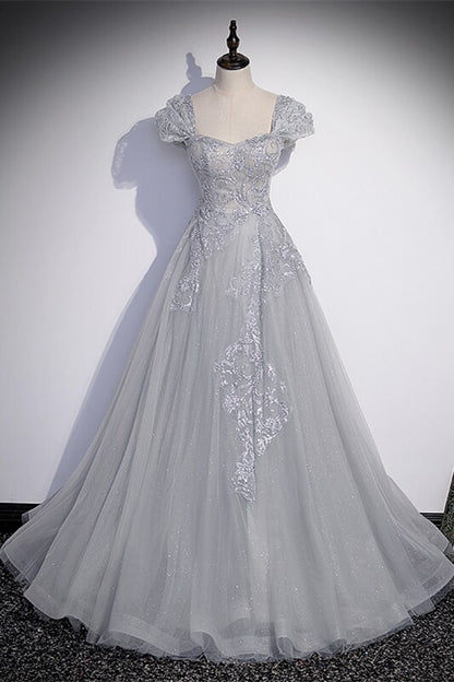Silver A-line Long Prom Dress with Cap Sleeves,DS3471