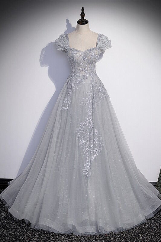 Silver A-line Long Prom Dress with Cap Sleeves,DS3471