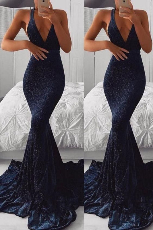 navy blue halter mermaid sequin ruffles evening gown dress,DS4582