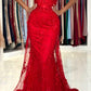 Graceful Sleeveless Tulle Ruby Beading Lace Mermaid Prom Dresses,DS2799