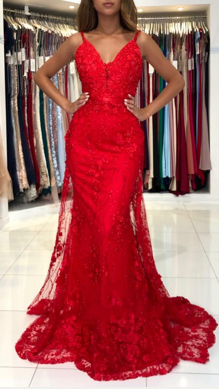 Graceful Sleeveless Tulle Ruby Beading Lace Mermaid Prom Dresses,DS2799