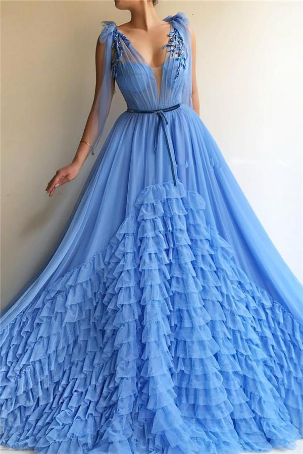 CHIC TULLE DEEP V-NECK BLUE PROM PARTY GOWNS| SLEEVELESS LAYERS LONG PROM PARTY GOWNS WITH SASH,DS3539