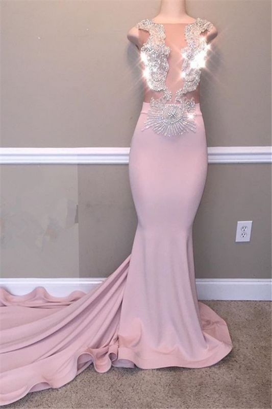 Elegant Mermaid Beads Appliques Prom Dresses | Sheer Tulle Sleeveless Evening Gowns,DS2864