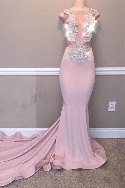 Elegant Mermaid Beads Appliques Prom Dresses | Sheer Tulle Sleeveless Evening Gowns,DS2864