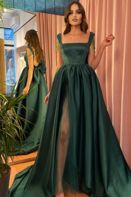 Modest Green A-Line Square Neckline Straps Prom Dresses with Slit,F04793