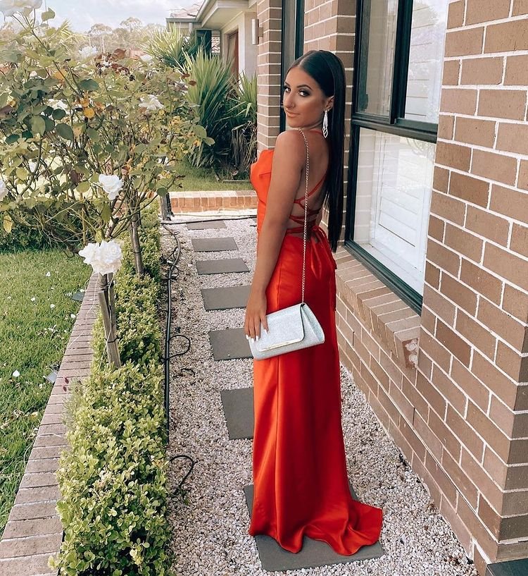 Classic Spaghetti-Straps Red Evening Dress Long With Slit,DS3224