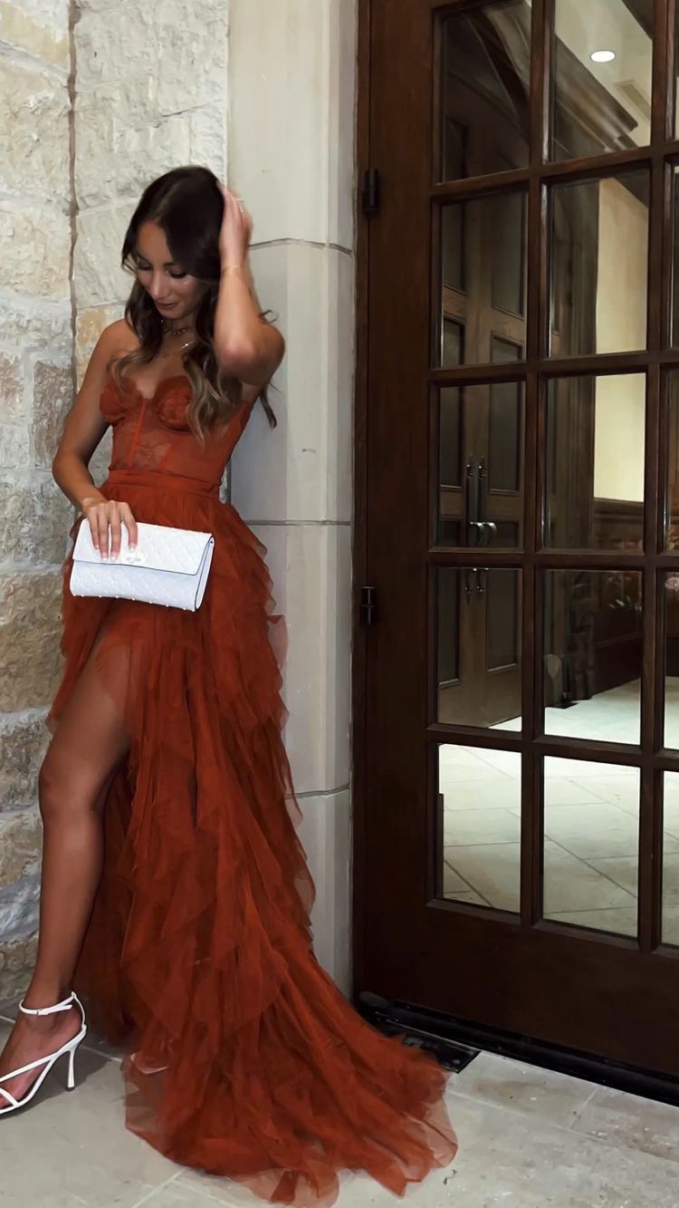 Rust Red Sweetheart High Low Tiered Formal Dress,DS3999