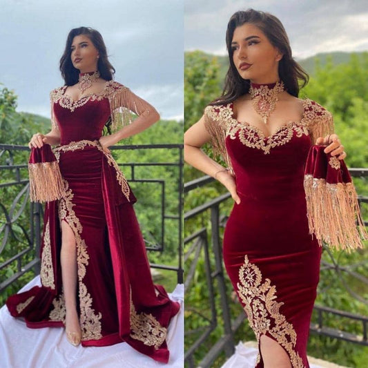 Burgundy Velvet Prom Dress Gold Appliques Floor Length Evening Dress,DS4020