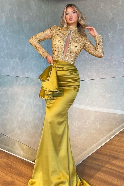 Amazing Long Sleeves High Neck Keyhole Prom Dresss Mermaid With Beads,F04844