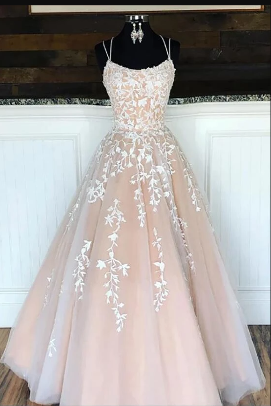 Amazing Ivory / Nude Criss-cross Back Spaghetti Lace Ball Gown Sweet 16 Tulle Lace Gown Girls Party Prom Dresses,DS4449