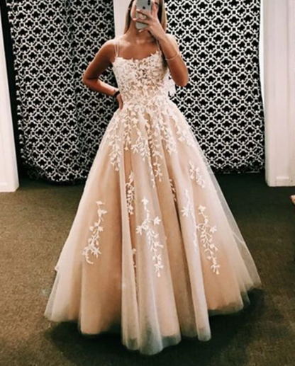 Amazing Ivory / Nude Criss-cross Back Spaghetti Lace Ball Gown Sweet 16 Tulle Lace Gown Girls Party Prom Dresses,DS4449