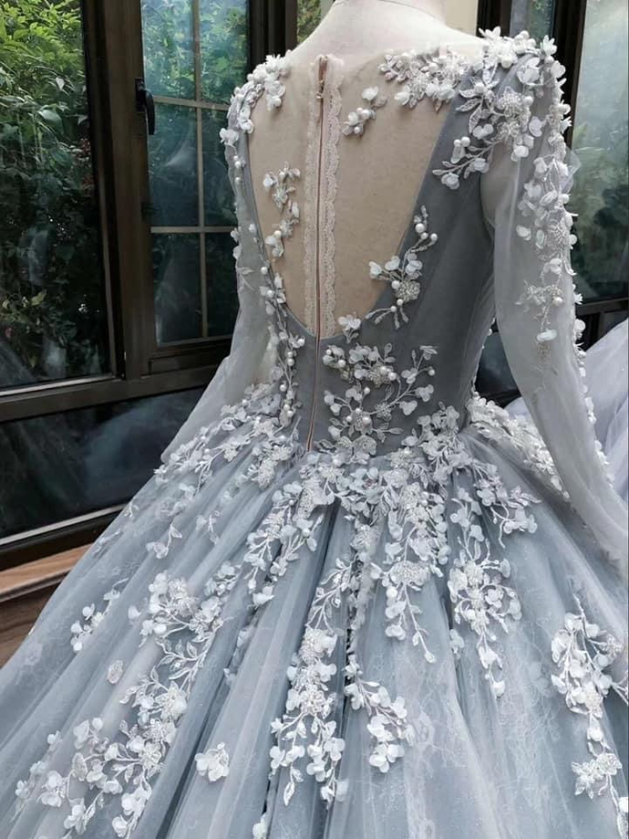 Romantic light grey long sleeves floral lace applique ball gown Evening Dress,DS4353