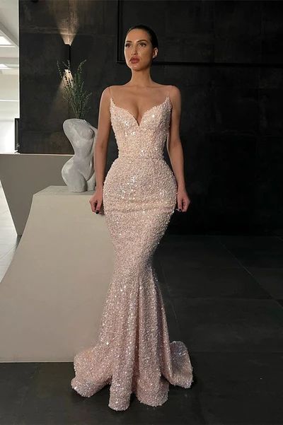 Gorgeous Spaghetti-Straps Sequins Prom Dress Mermaid Sleeveless,DS4895