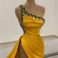 One Shoulder Yellow Slit Prom Dress Long With Beads,DS2785