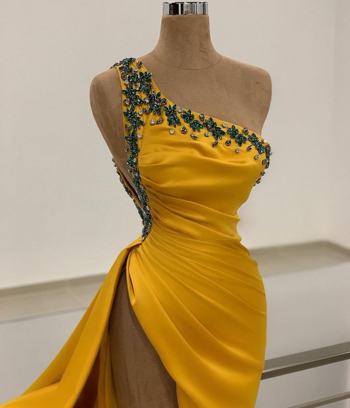 One Shoulder Yellow Slit Prom Dress Long With Beads,DS2785