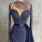 Stylish High Neck Navy Mermaid Evening Dress with Detachable Tulle Train Crystals Beads Long Prom Dress,DS3720