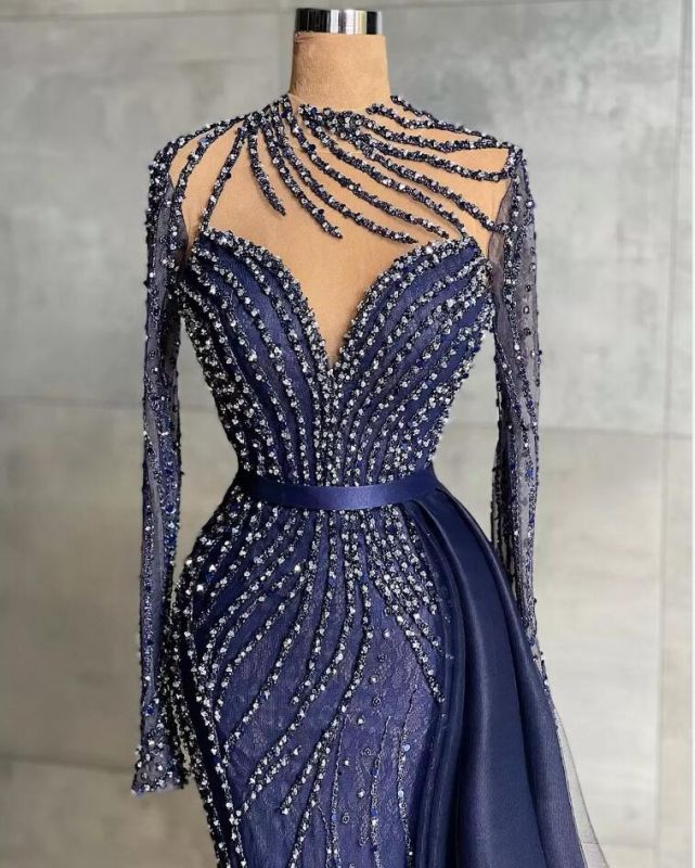 Stylish High Neck Navy Mermaid Evening Dress with Detachable Tulle Train Crystals Beads Long Prom Dress,DS3720