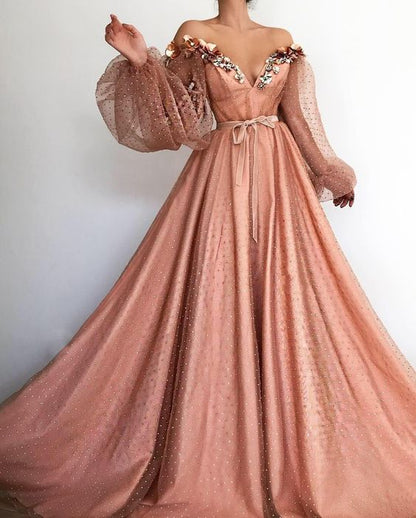 pink off the shoulder v-neck long sleeves prom dress,lace tulle beading full length school event dress,DS4212