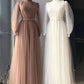 long sleeve prom dresses high neck tulle brown vintage a line cheap simple beaded prom gown robes de cocktail,DS4337