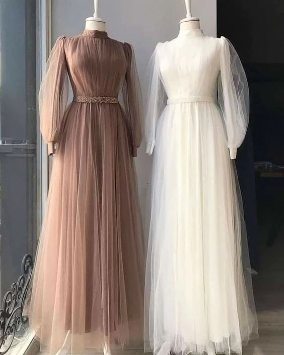 long sleeve prom dresses high neck tulle brown vintage a line cheap simple beaded prom gown robes de cocktail,DS4337