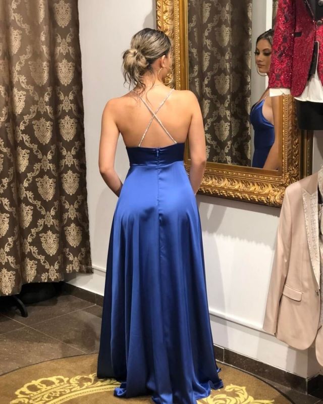 Spaghetti Straps Royal Blue Prom Dress Sweetheart Evening Party Dress with Side Slit,DS4019