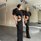 Fashion puff sleeve open waist evening dress - Black,DS3973