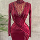 Elegant Long Sleeve Burgundy Prom Dress Mermaid Beadings Evening Gowns,DS2788
