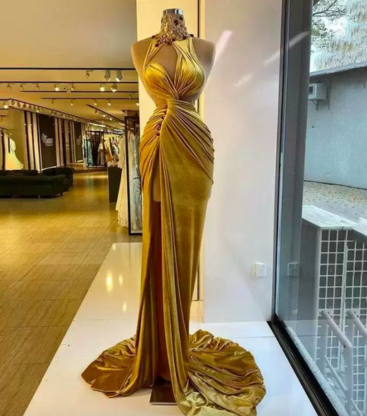 Gold Velvet Prom Dresses Elegant Ruched Long Sweep Train Mermaid Evening Party Gowns Side Slit High Neck Crystals Beading Sleeveless Arabic Robe de Soiree,DS4898