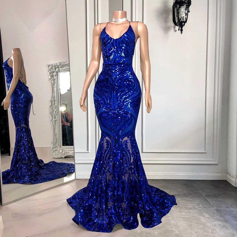 Gorgeous Blue Sequins Jewel Sleeveless Floor-length Mermaid Prom Dresses,DS4315