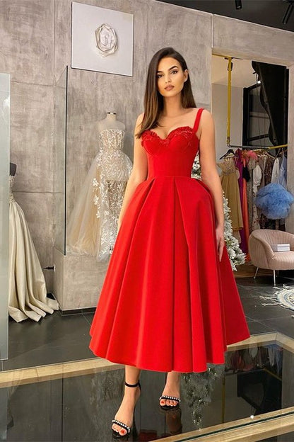 Classic Red Straps Prom Dress Tea-Length Sweetheart With Sequins,DS4650