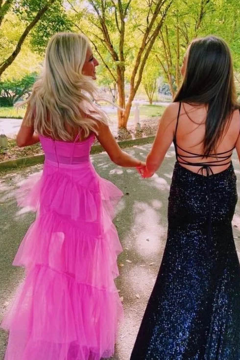 A Line Hot Pink New Arrival Spaghetti Straps Floor Length Prom Dress With Ruffles ,DS4564