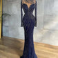 Stylish High Neck Navy Mermaid Evening Dress with Detachable Tulle Train Crystals Beads Long Prom Dress,DS3720