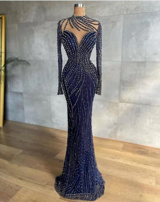 Stylish High Neck Navy Mermaid Evening Dress with Detachable Tulle Train Crystals Beads Long Prom Dress,DS3720