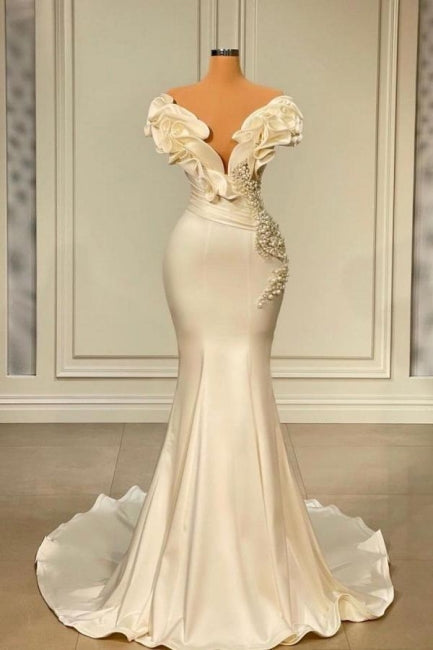 Designer White Long Pearl Ruffle Evening Dresses,F04826