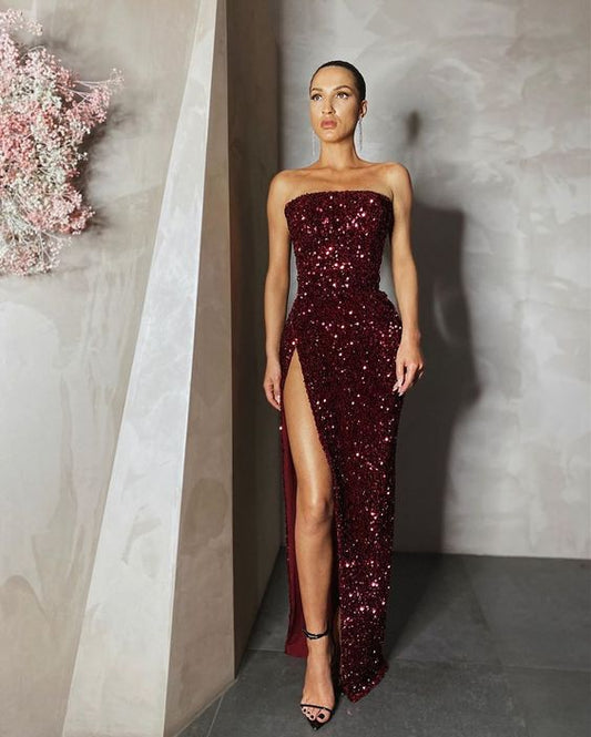 Burgundy Sequined Strapless Evening Prom Dresses ,DS4071