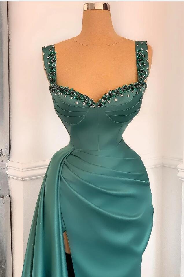 Stunning Straps Beadings Long Prom Dress Sleeveless With Slit,DS3240