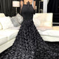 Modern Long Sleeves Black Mermaid Appliques Prom Dress With Flowers Bottom,F04769