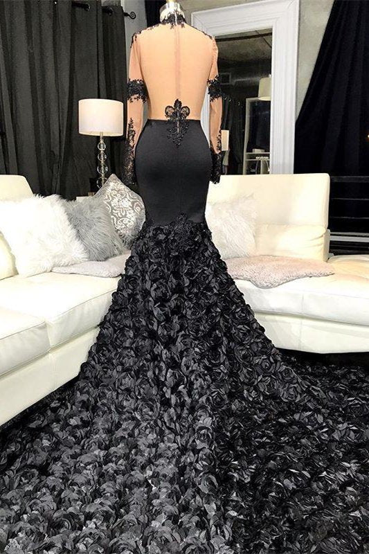 Modern Long Sleeves Black Mermaid Appliques Prom Dress With Flowers Bottom,F04769