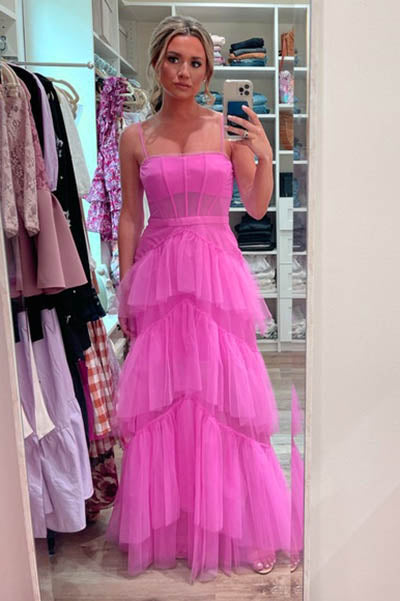 A Line Hot Pink New Arrival Spaghetti Straps Floor Length Prom Dress With Ruffles ,DS4564