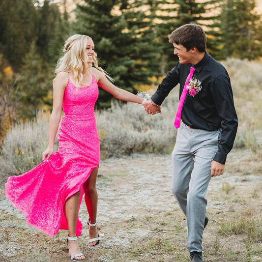 Neon Pink Sequins Mermaid Long Prom Dress,DS3099