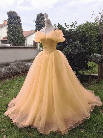 cinderella yellow dress Vintage Off-the-Shoulder Soft Yellow Tulle Ball Gown Cinderella Prince – DSProm