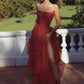 Red prom dress off shoulder party dress strapless evening dress lace tulle party dress sexy high slit formal dress,DS4434