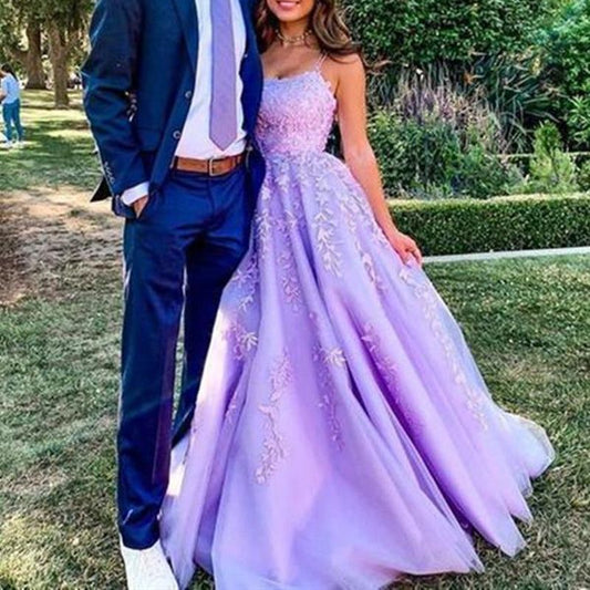 Lavender Applique Tulle Prom Dress Long Evening Dresses Formal Gown with Sweep Train,DS4429