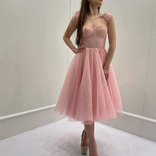Princess Straps Peach Pink Formal homecoming Dress,Star Tea Length Prom Dress,DS4309