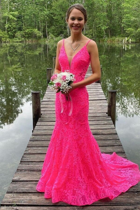 Mermaid Hot Pink Lace Long Prom Dresses,Lace Evening Gown,DS3447